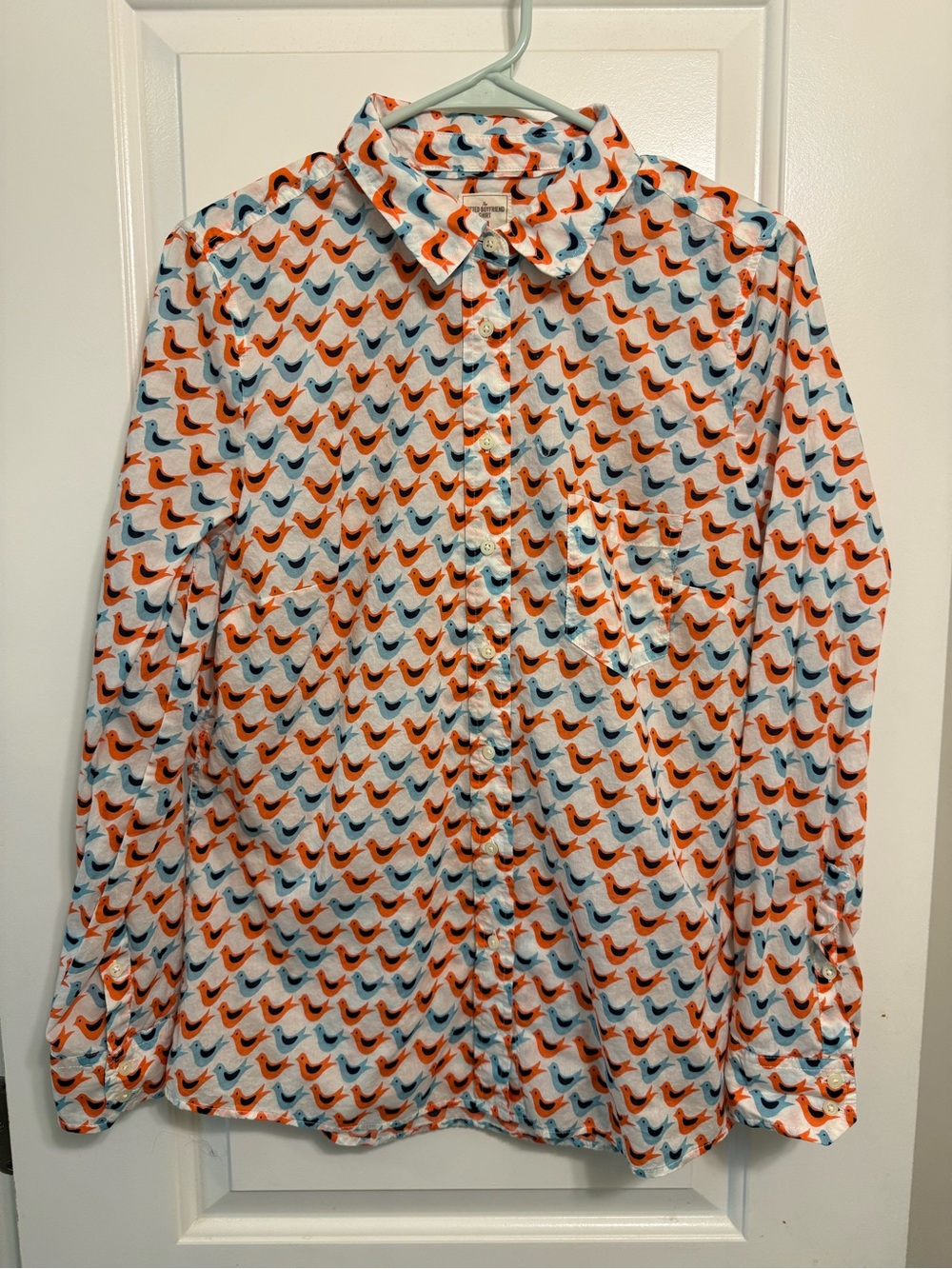 GAP Fitted Boyfriend Shirt in Coral and Light Blue Bird Print